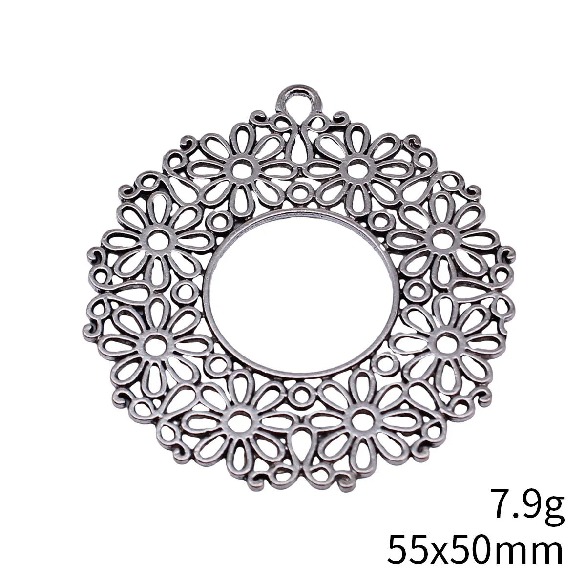 55x50mm 7.9g Antique Silver Zinc Alloy Hollow Flower Round Ring Charm Pendant for DIY Jewelry