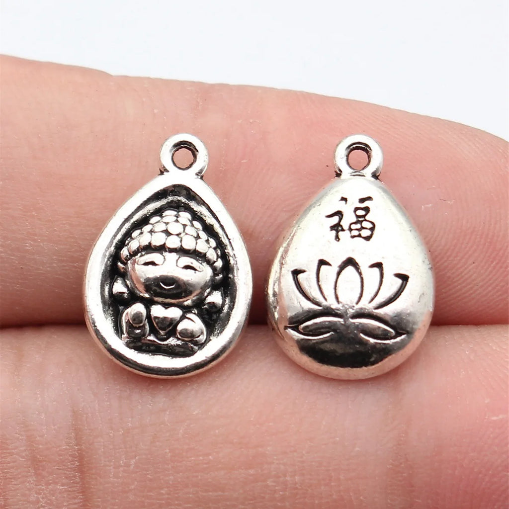18x12mm 2.9g Antique Silver Zinc Alloy Buddha Lotus Fu Character Charm Pendant for DIY Jewelry Making