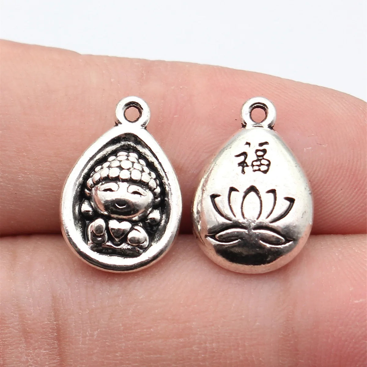 18x12mm 2.9g Antique Silver Zinc Alloy Buddha Lotus Fu Character Charm Pendant for DIY Jewelry Making