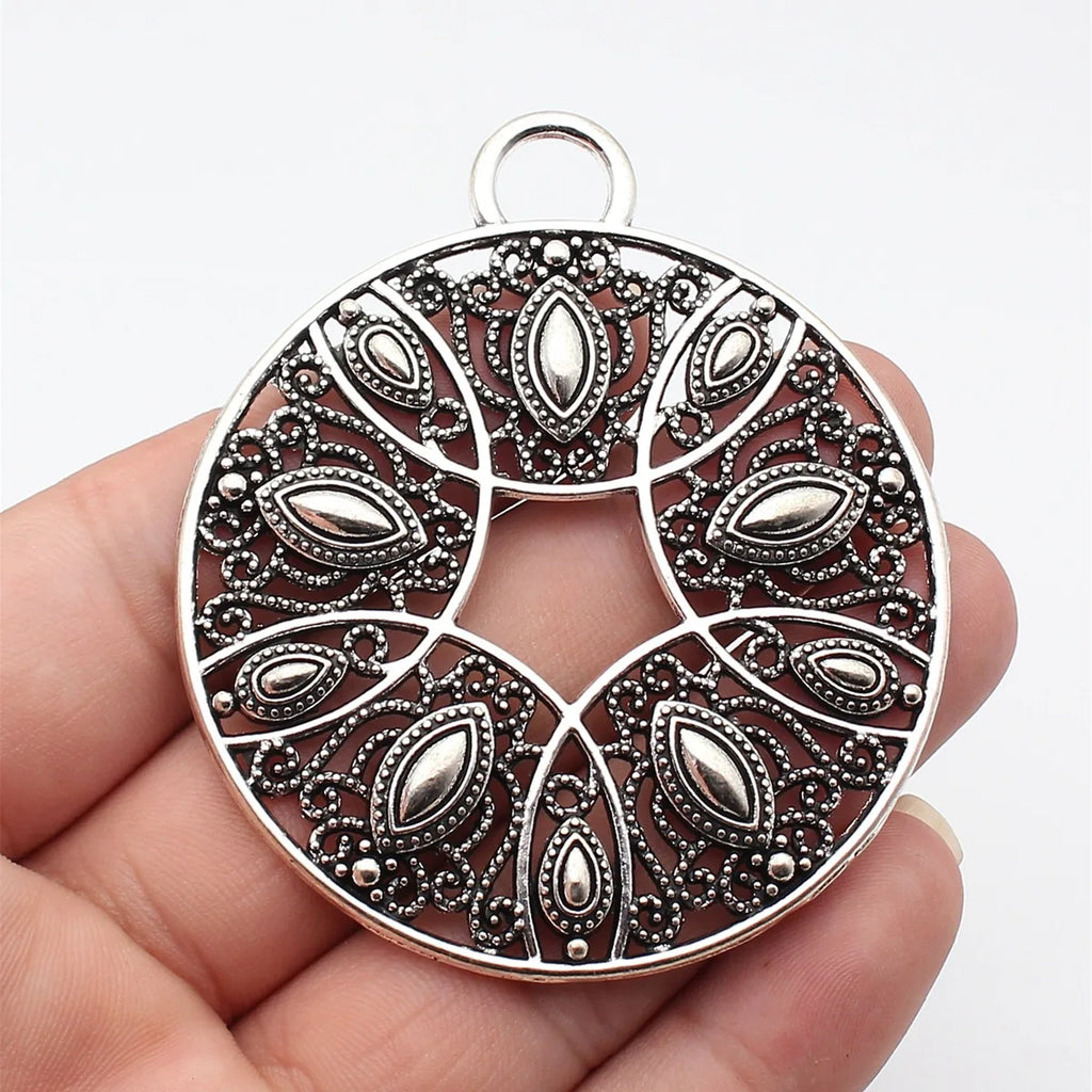 74x64mm 24.8g Antique Silver Zinc Alloy Openwork Floral Round Hollow Charm Pendant for DIY Necklace Jewelry
