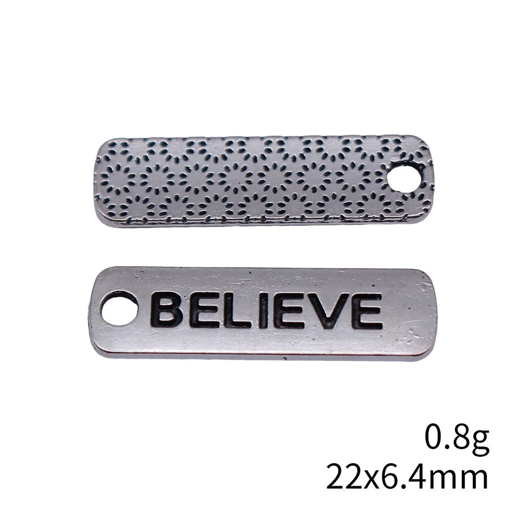 22x6.4mm 0.8g Antique Silver Zinc Alloy Believe Word Tag Charm Pendant for DIY Bracelet Necklace