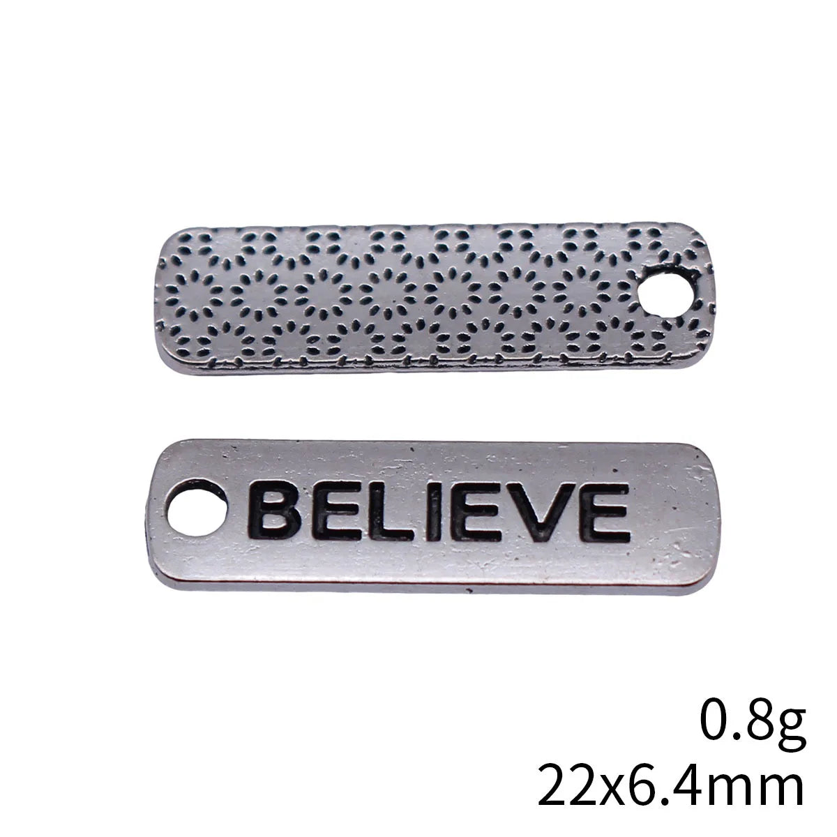 22x6.4mm 0.8g Antique Silver Zinc Alloy Believe Word Tag Charm Pendant for DIY Bracelet Necklace