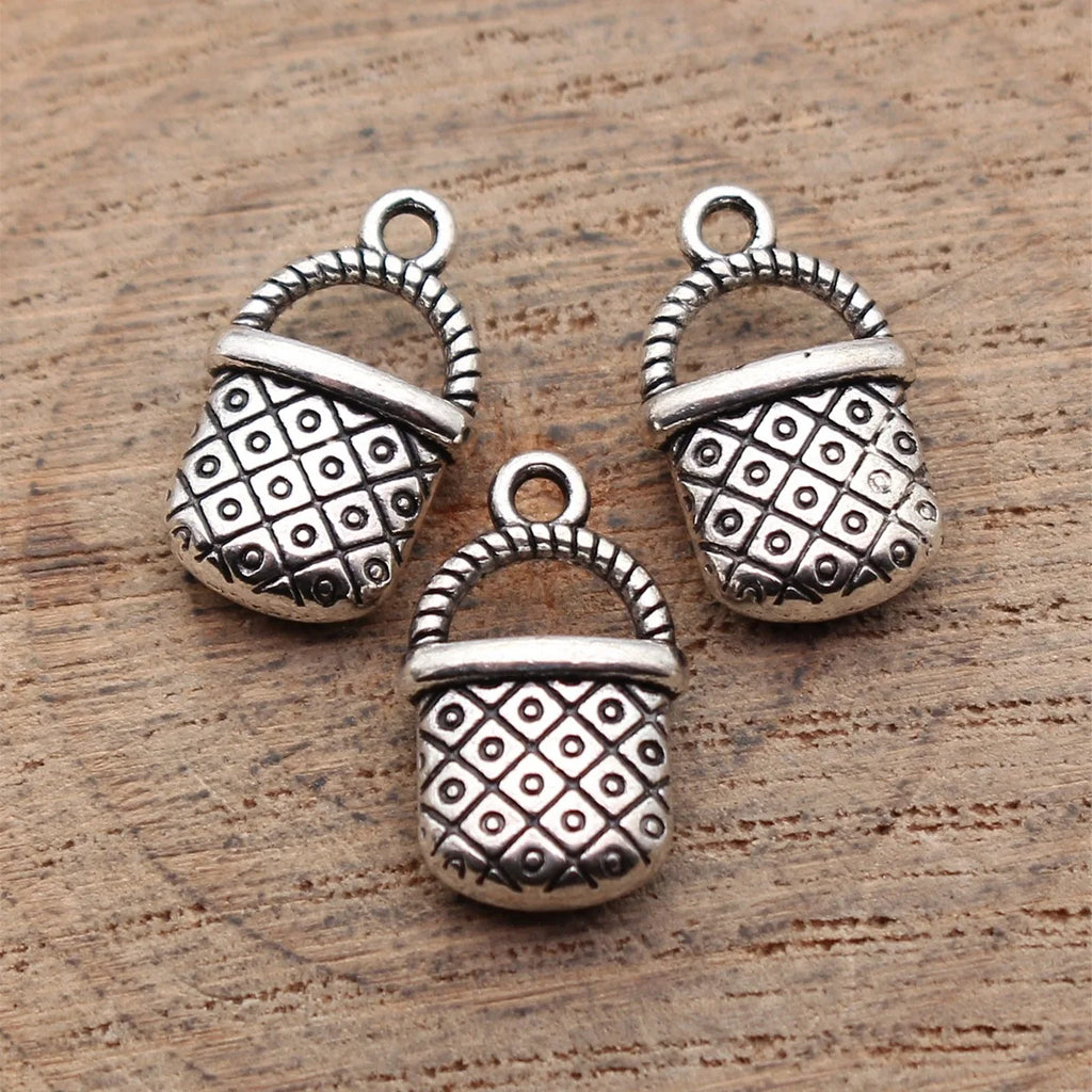 15x9.2x4.8mm 1.4g Antique Silver Zinc Alloy Woven Basket Charm Pendant for DIY Necklace Bracelet Making