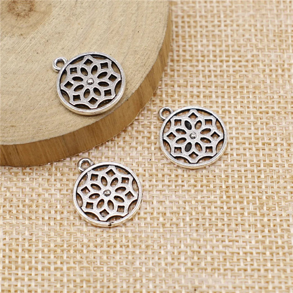 15x18mm 1g Antique Silver Zinc Alloy Round Floral Charm Pendant for DIY Necklace Bracelet Making