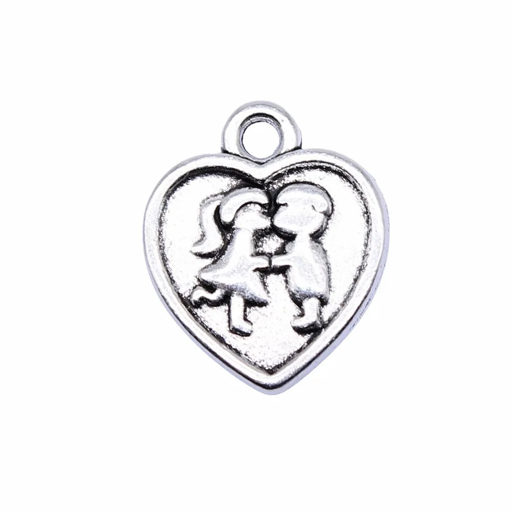 16x13mm 1.3g Antique Silver Zinc Alloy Couple Heart Charm Pendant for Necklace Bracelet Making