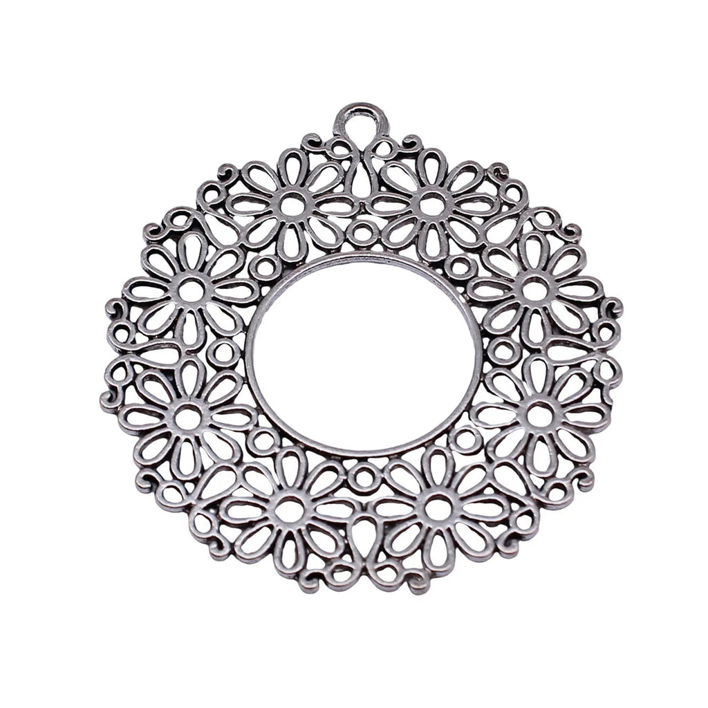 55x50mm 7.9g Antique Silver Zinc Alloy Hollow Flower Round Ring Charm Pendant for DIY Jewelry