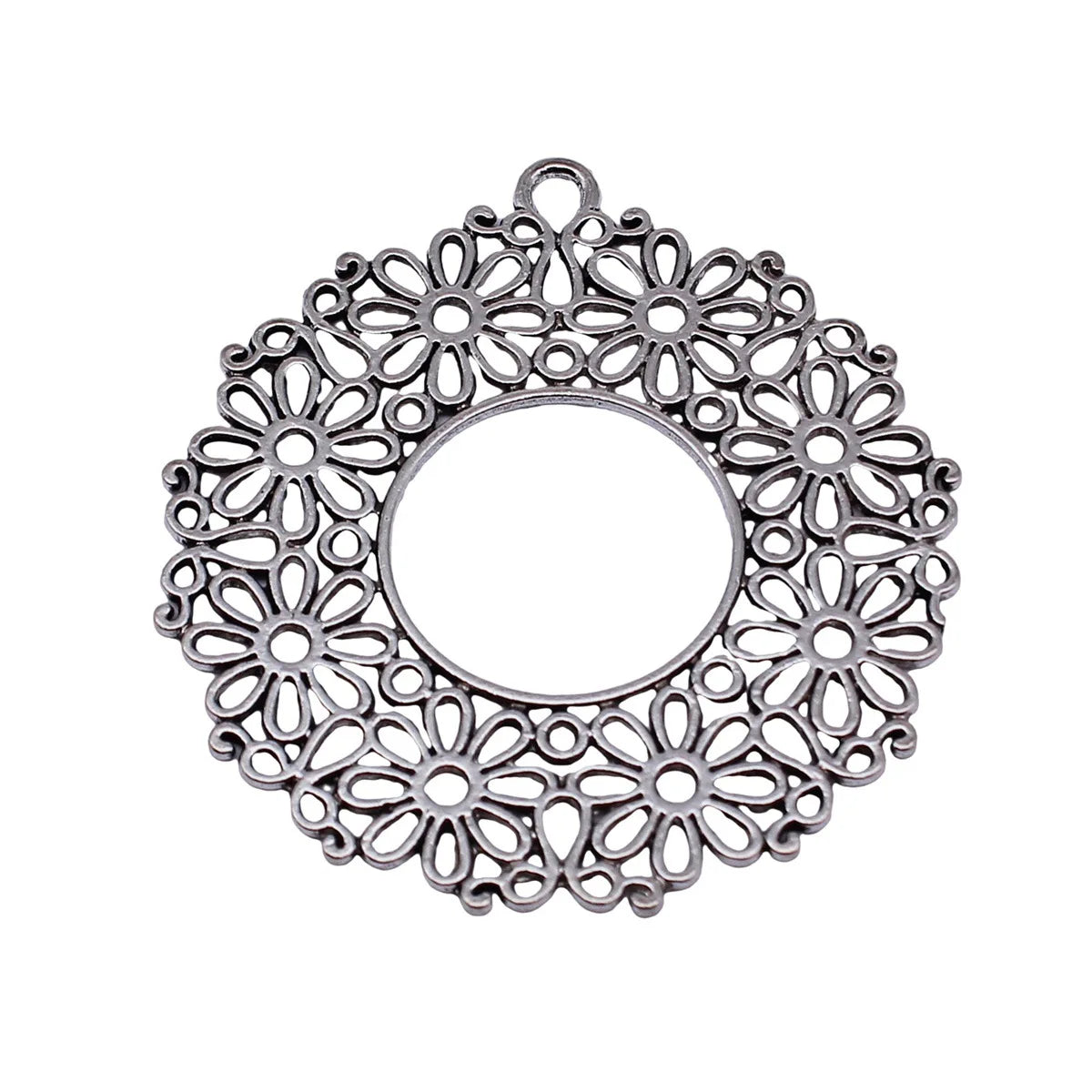 55x50mm 7.9g Antique Silver Zinc Alloy Hollow Flower Round Ring Charm Pendant for DIY Jewelry