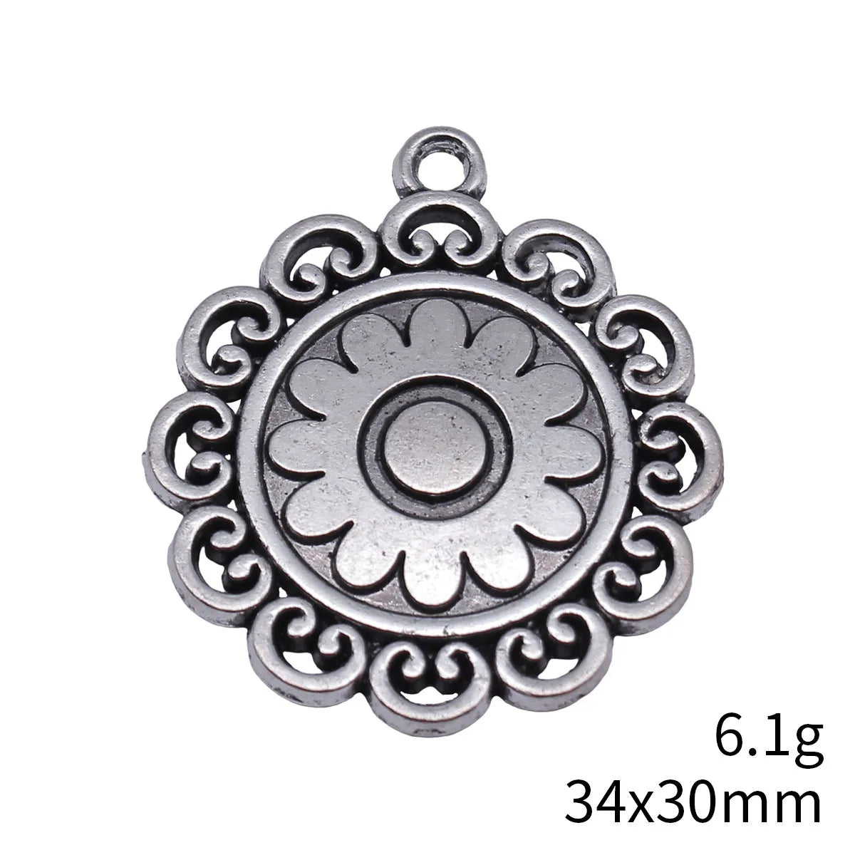 34x30mm 6.1g Antique Silver Zinc Alloy Round Swirl Border Flower Charm Pendant for Necklace Making