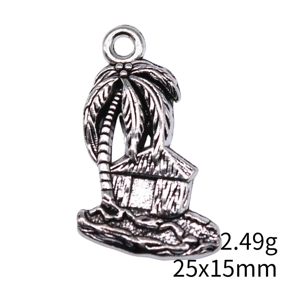 25x15mm 2.49g Antique Silver Zinc Alloy Island Hut Coconut Tree Charm Pendant for DIY Jewelry Making