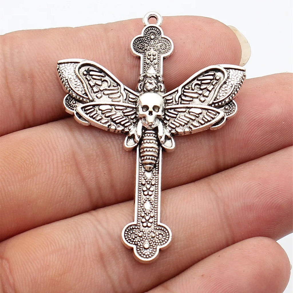 54x40mm 4.2g Antique Silver Zinc Alloy Skull Moth Cross Charm Pendant for DIY Gothic Jewelry Making