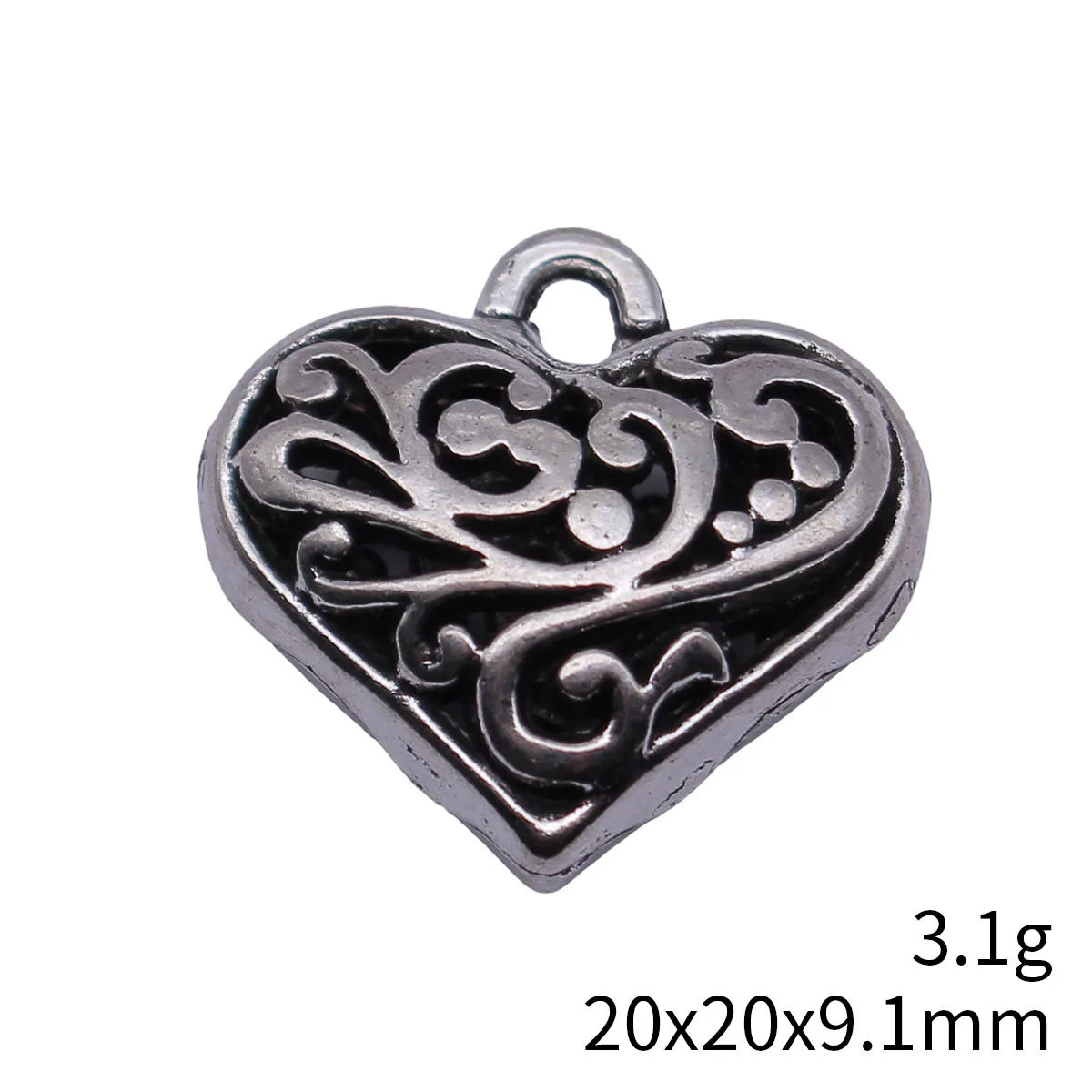 20x20x9.1mm 3.1g Antique Silver Zinc Alloy 3D Hollow Filigree Heart Charm Pendant for DIY Jewelry Making