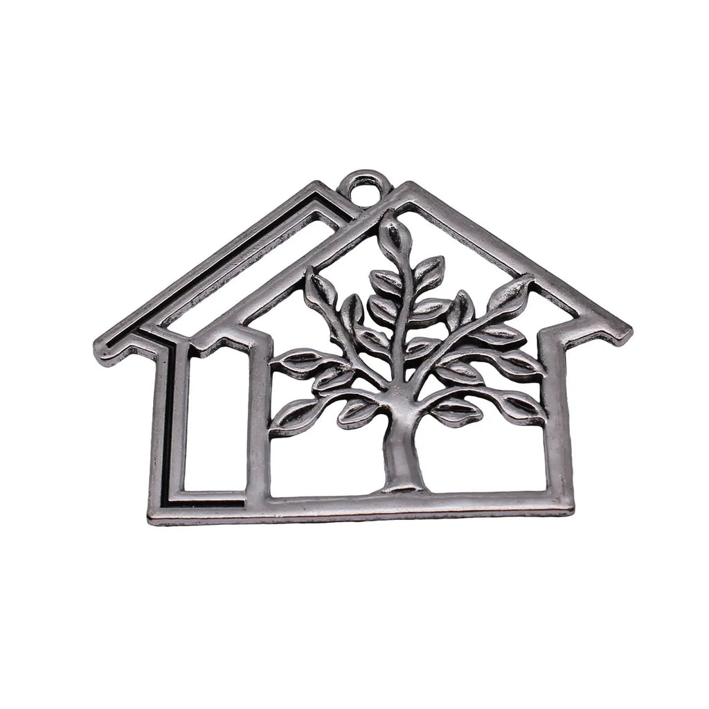 64x47mm 13.2g Antique Silver Zinc Alloy Openwork House and Tree Hollow Charm Pendant for DIY Jewelry Making