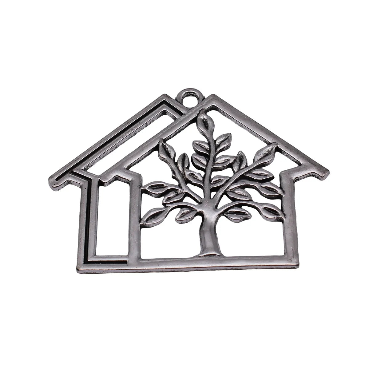 64x47mm 13.2g Antique Silver Zinc Alloy Openwork House and Tree Hollow Charm Pendant for DIY Jewelry Making