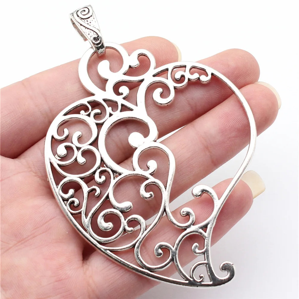 90x61mm 17.7g Antique Silver Zinc Alloy Carved Heart Charm Pendant for DIY Necklace Jewelry Making