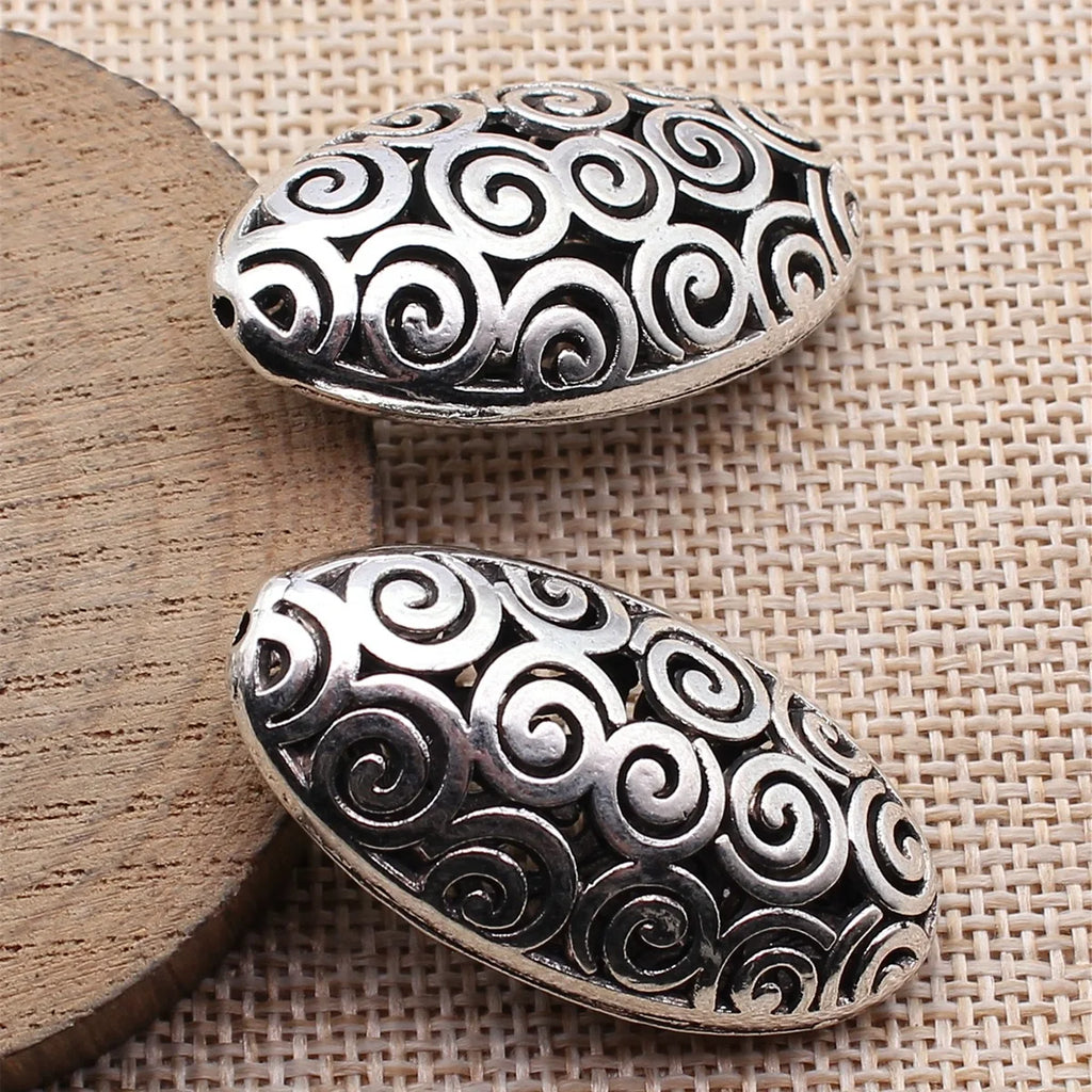 42x22x13mm 9.7g Antique Silver Zinc Alloy 3D Hollow Swirl Oval Loose Metal Beads for DIY Bracelet