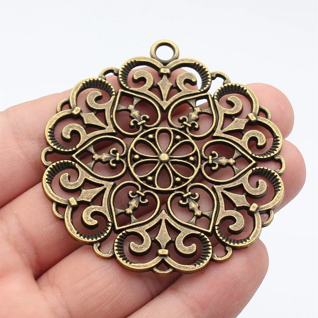 67x61mm 17.7g Antique Bronze Zinc Alloy Openwork Flower Round Tag Hollow Charm Pendant for DIY Jewelry