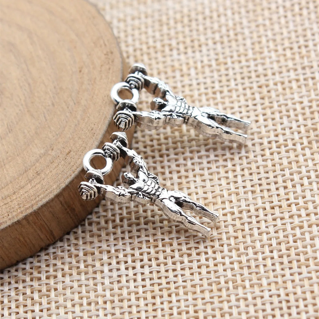 25x14mm 2.1g Antique Silver Zinc Alloy Fitness Muscular Man Dumbbell Double Sided Charm Pendant for DIY Jewelry
