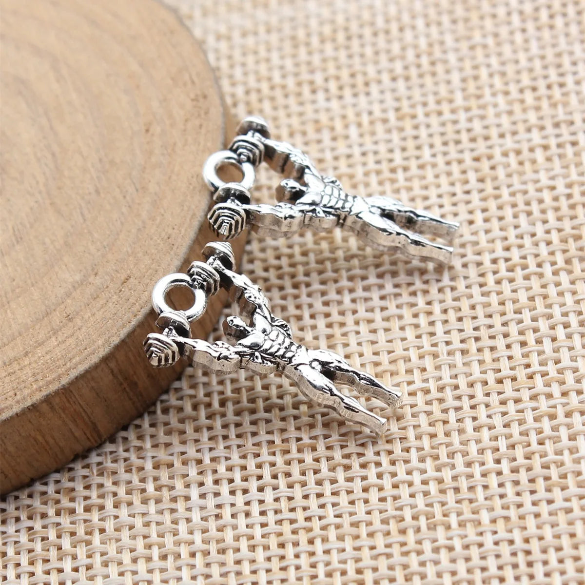25x14mm 2.1g Antique Silver Zinc Alloy Fitness Muscular Man Dumbbell Double Sided Charm Pendant for DIY Jewelry