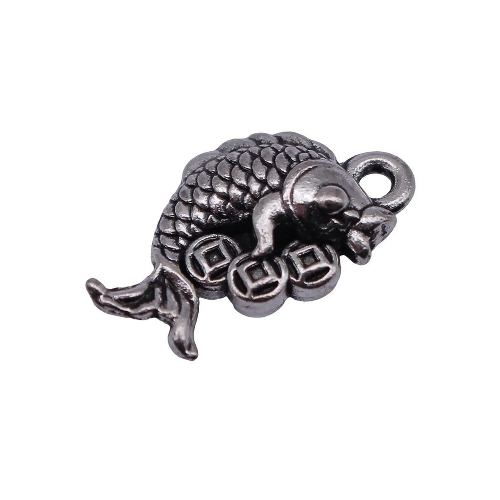 16x9.6mm 1.1g Antique Silver Zinc Alloy Chinese Coin Goldfish Charm Pendant for DIY Jewelry Making