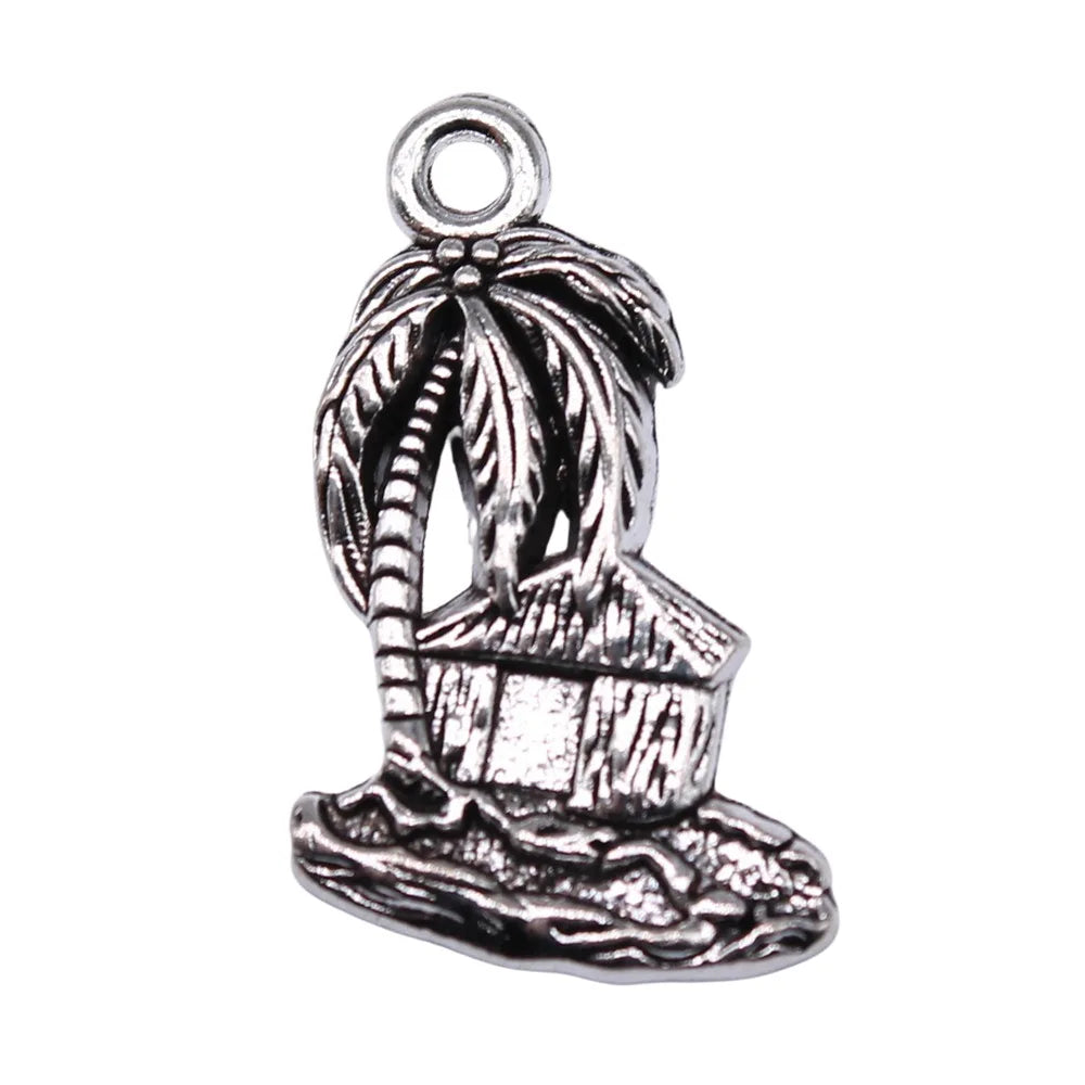 25x15mm 2.49g Antique Silver Zinc Alloy Island Hut Coconut Tree Charm Pendant for DIY Jewelry Making