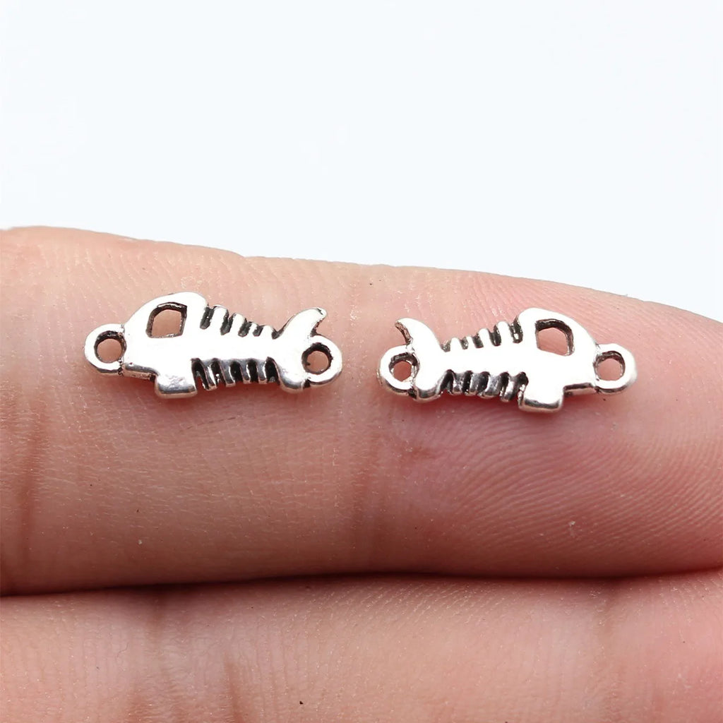 15x6.6mm 0.53g Antique Silver Zinc Alloy Fishbone Fish Connector Charm for DIY Bracelet Necklace Making
