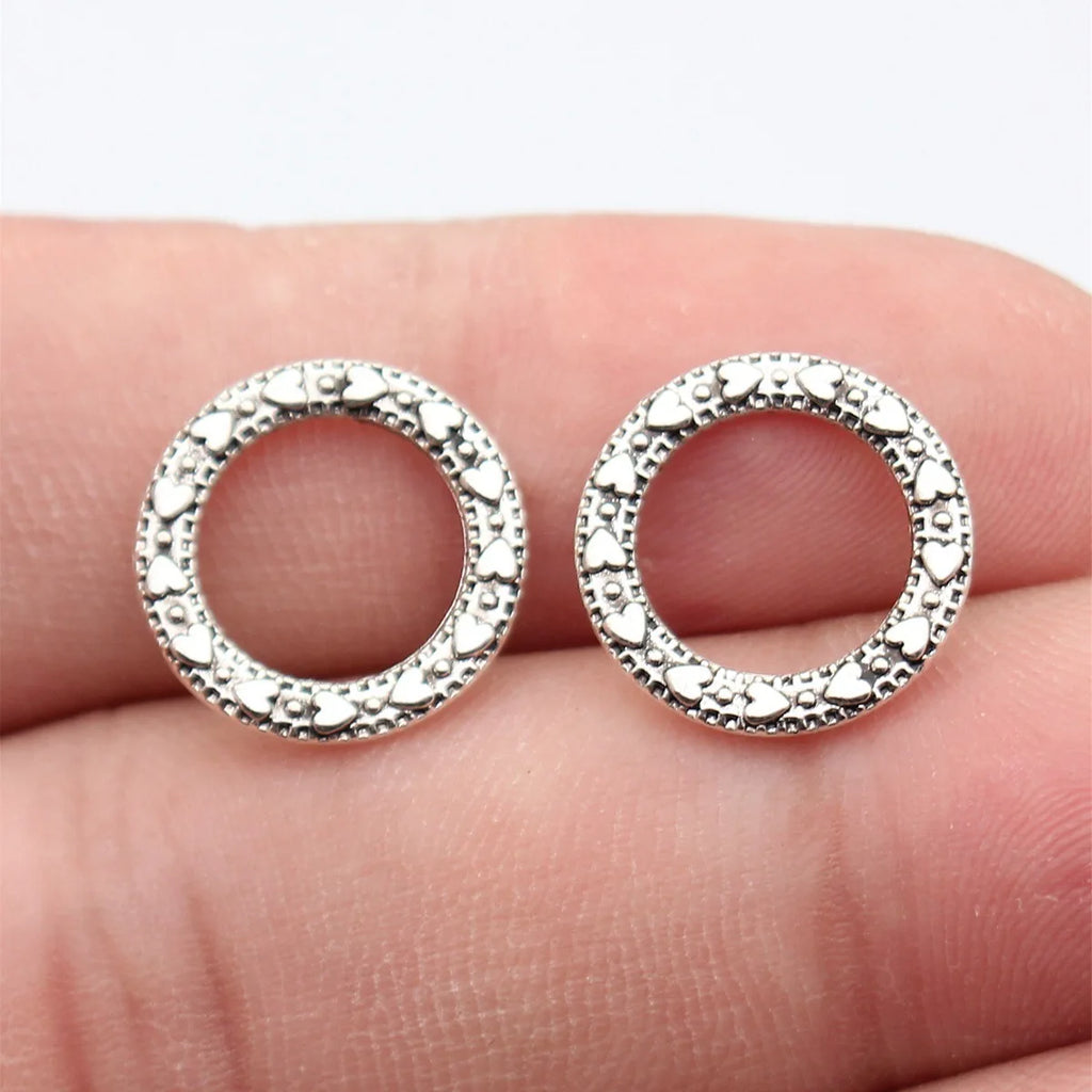 15x15mm 0.77g Antique Silver Zinc Alloy Heart Pattern Round Ring Double Sided Connector Charm for DIY Jewelry Making