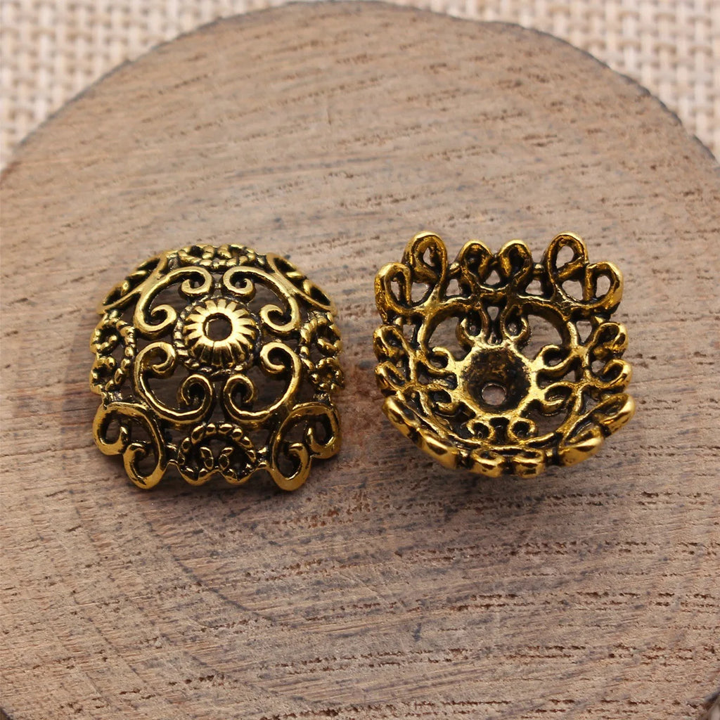 18x17x9.7mm 2.3g Antique Gold Zinc Alloy Vintage Floral Texture Bead Caps for DIY Jewelry Making