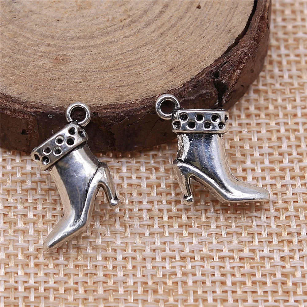 13x13x5mm 1.6g Antique Silver Zinc Alloy High Heel Boot Shoe Charm Pendant for DIY Jewelry Making