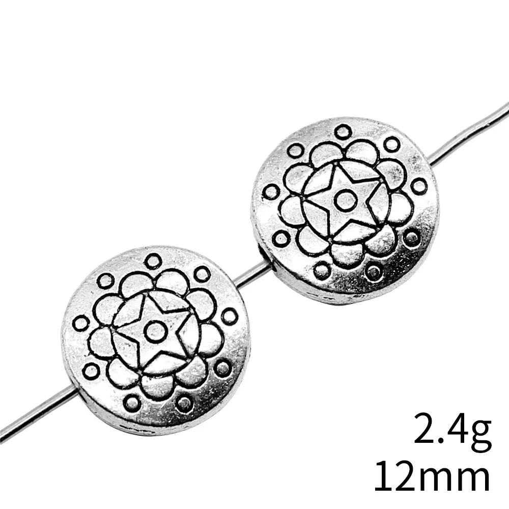 12.3x12.3mm 2.4g Antique Silver Zinc Alloy Round Pattern Flat Spacer Beads for Bracelet Jewelry Making