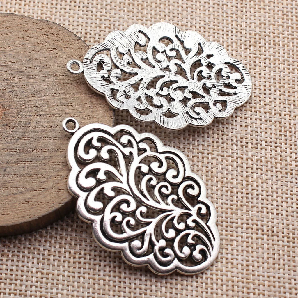 54x35mm 9g Antique Silver Zinc Alloy Hollow Filigree Flower Charm Pendant for DIY Necklace Making