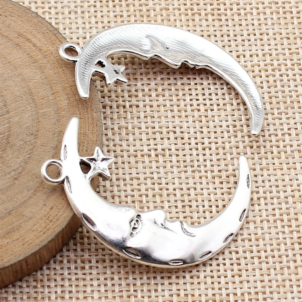42x27mm 3.2g Antique Silver Zinc Alloy Face Moon Stars Charm Pendant for DIY Celestial Jewelry Making
