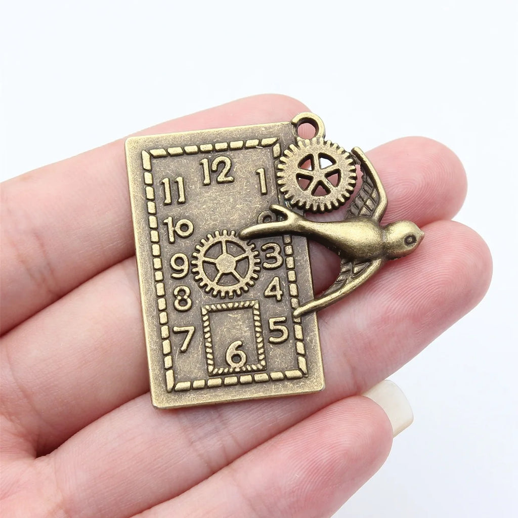 40x38mm 8.1g Antique Bronze Zinc Alloy Steampunk Swallow Gear Clock Charm Pendant for DIY Necklace