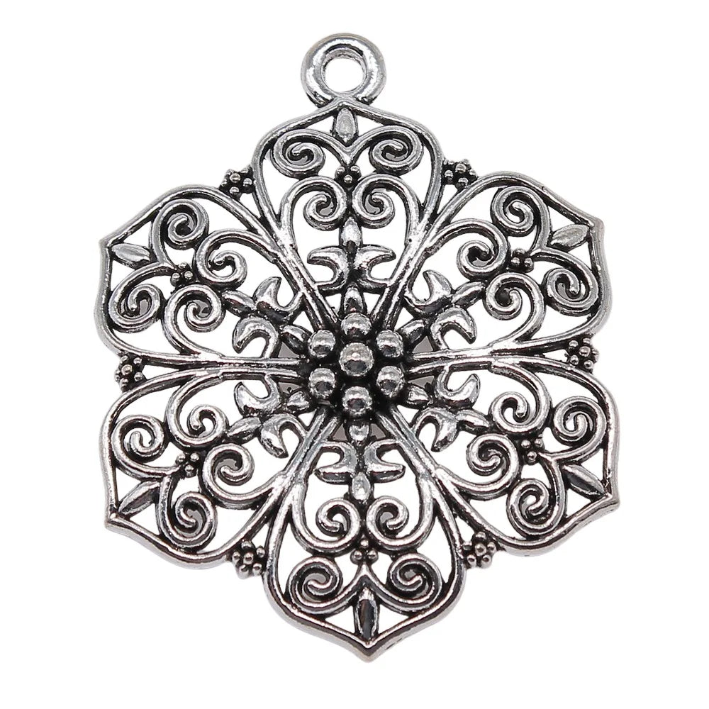 66x52mm 15.4g Antique Silver Zinc Alloy Openwork Flower Hollow Charm Pendant for DIY Necklace Earring Jewelry