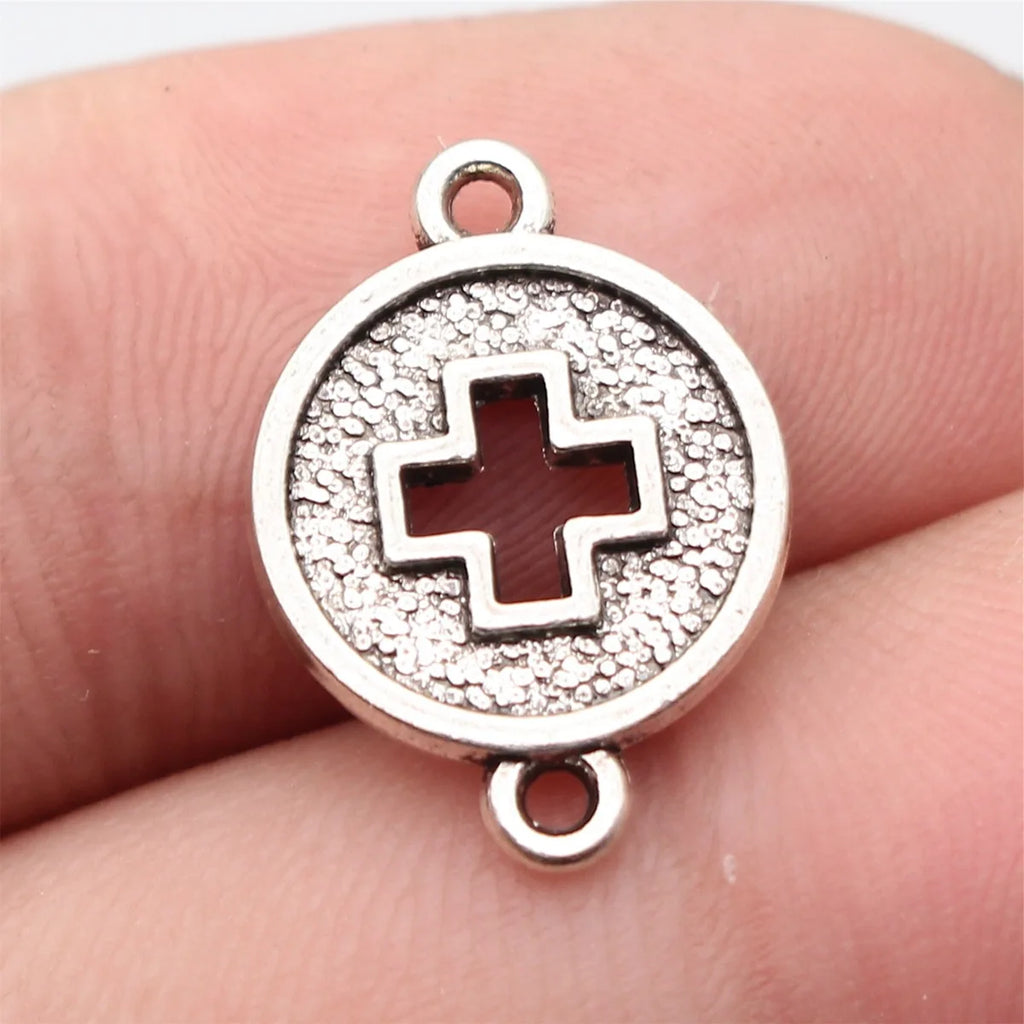 18x13mm 1.3g Antique Silver Zinc Alloy Cross Round Disc Hollow Double Sided Connector Charm for DIY Bracelet Making