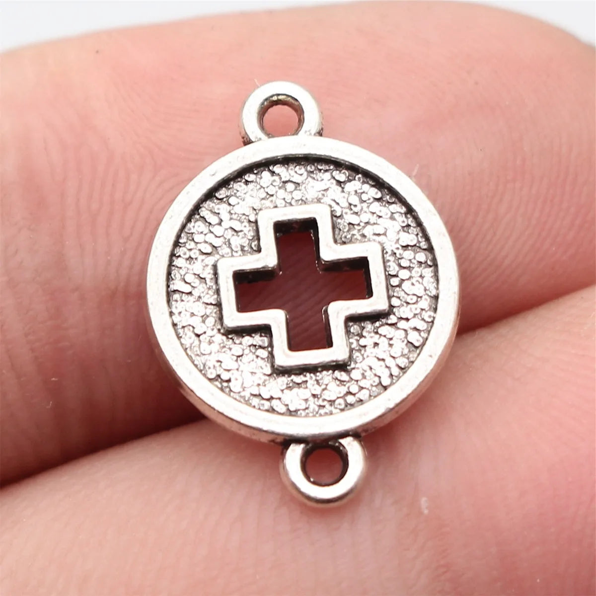 18x13mm 1.3g Antique Silver Zinc Alloy Cross Round Disc Hollow Double Sided Connector Charm for DIY Bracelet Making