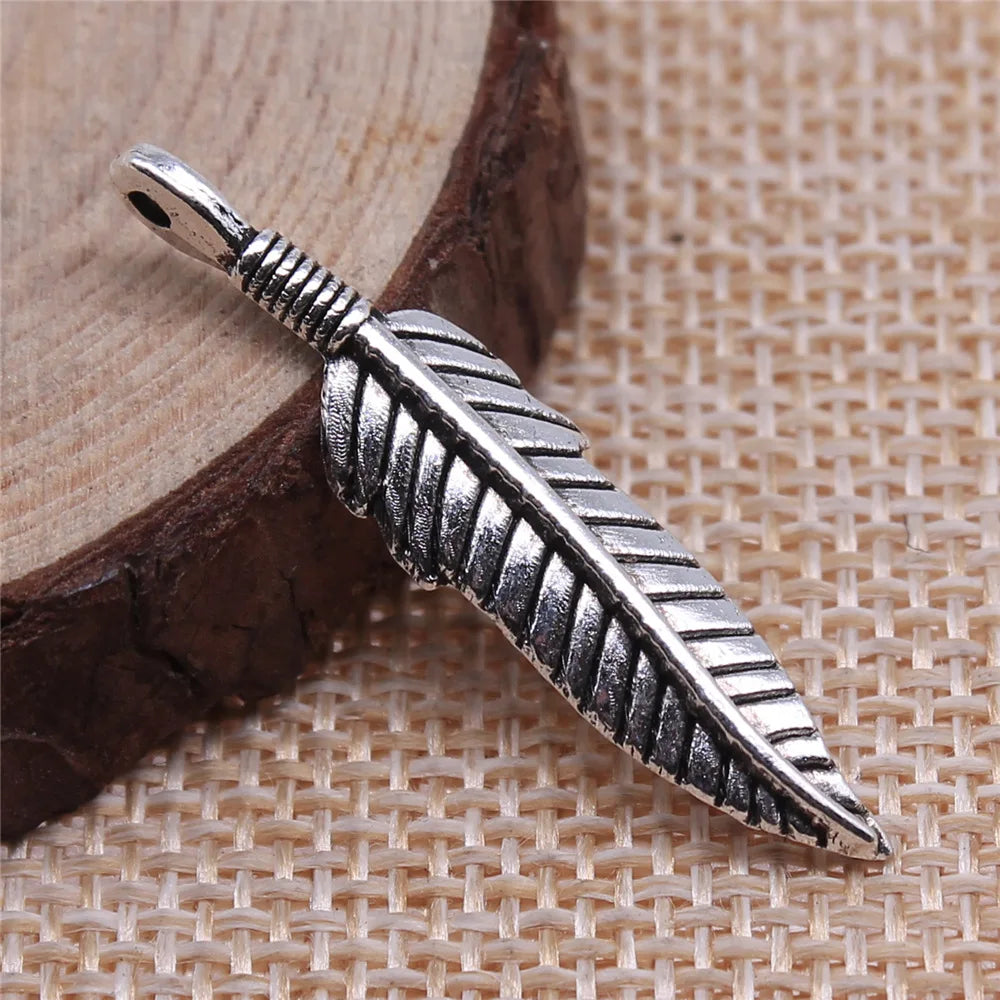 37x8mm 1.4g Antique Silver Zinc Alloy Feather Charm Pendant for DIY Earrings Necklace Bracelet Making