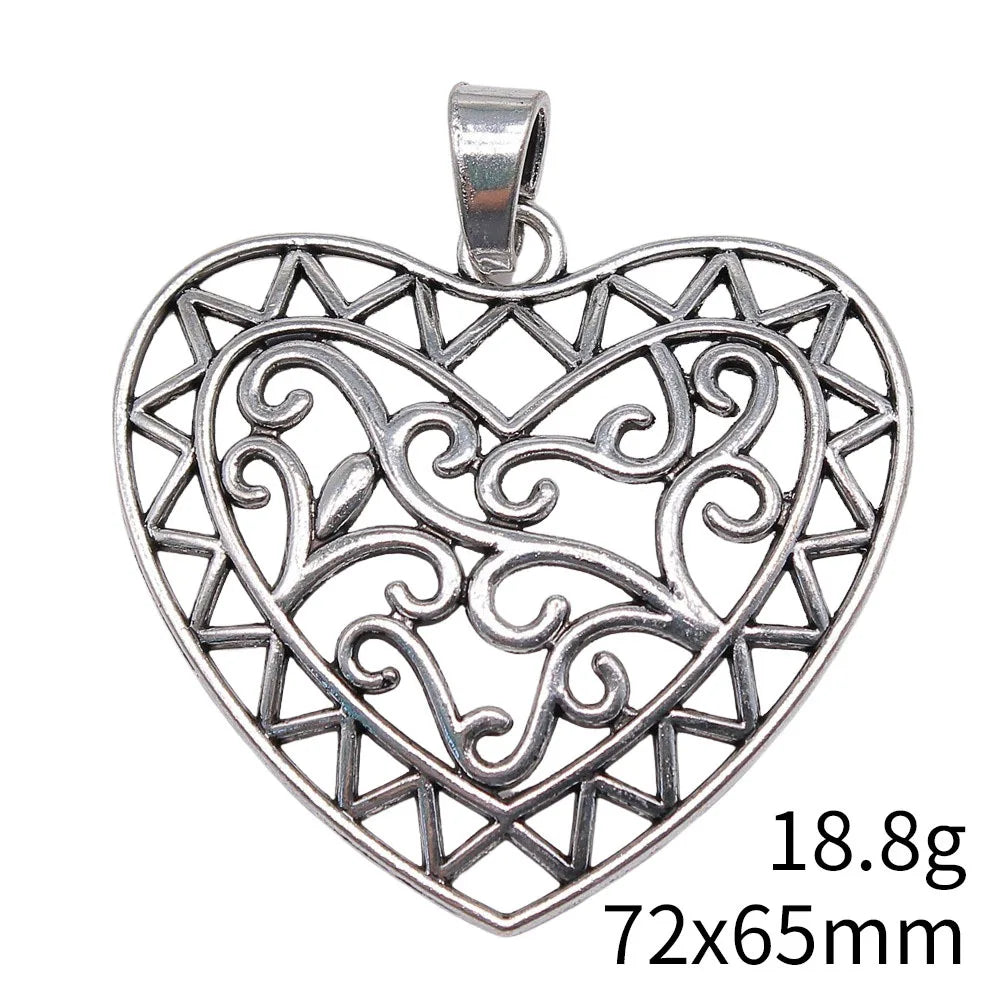72x65mm 18.8g Antique Silver Zinc Alloy Carved Heart Charm Pendant for DIY Necklace Jewelry Making