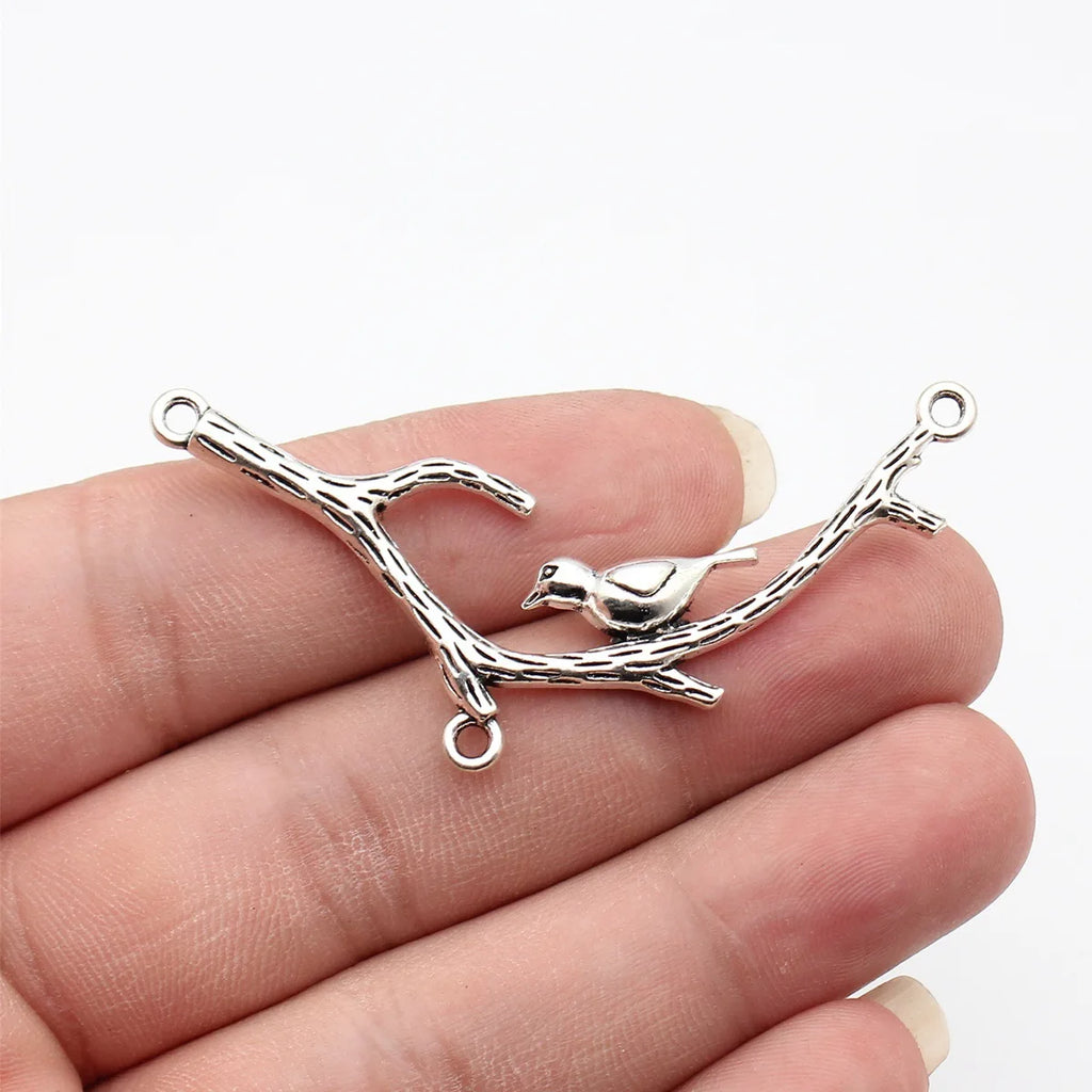 65x24mm 6.3g Antique Silver Zinc Alloy Tree Branch Bird Connector Charm for DIY Necklace Jewelry
