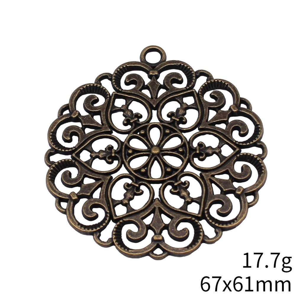 67x61mm 17.7g Antique Bronze Zinc Alloy Openwork Flower Round Tag Hollow Charm Pendant for DIY Jewelry
