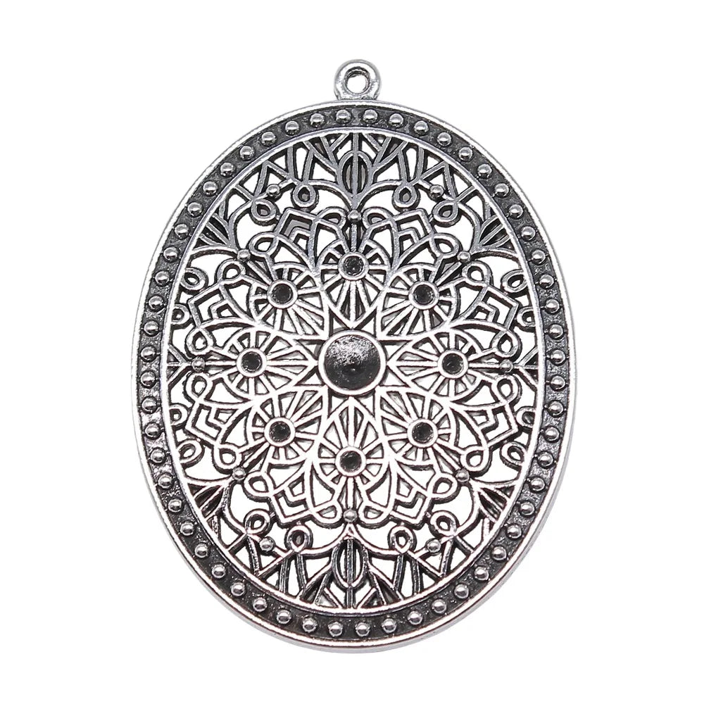 64x46mm 12g Antique Silver Zinc Alloy Carved Hollow Oval Round Charm Pendant for DIY Necklace Jewelry Making