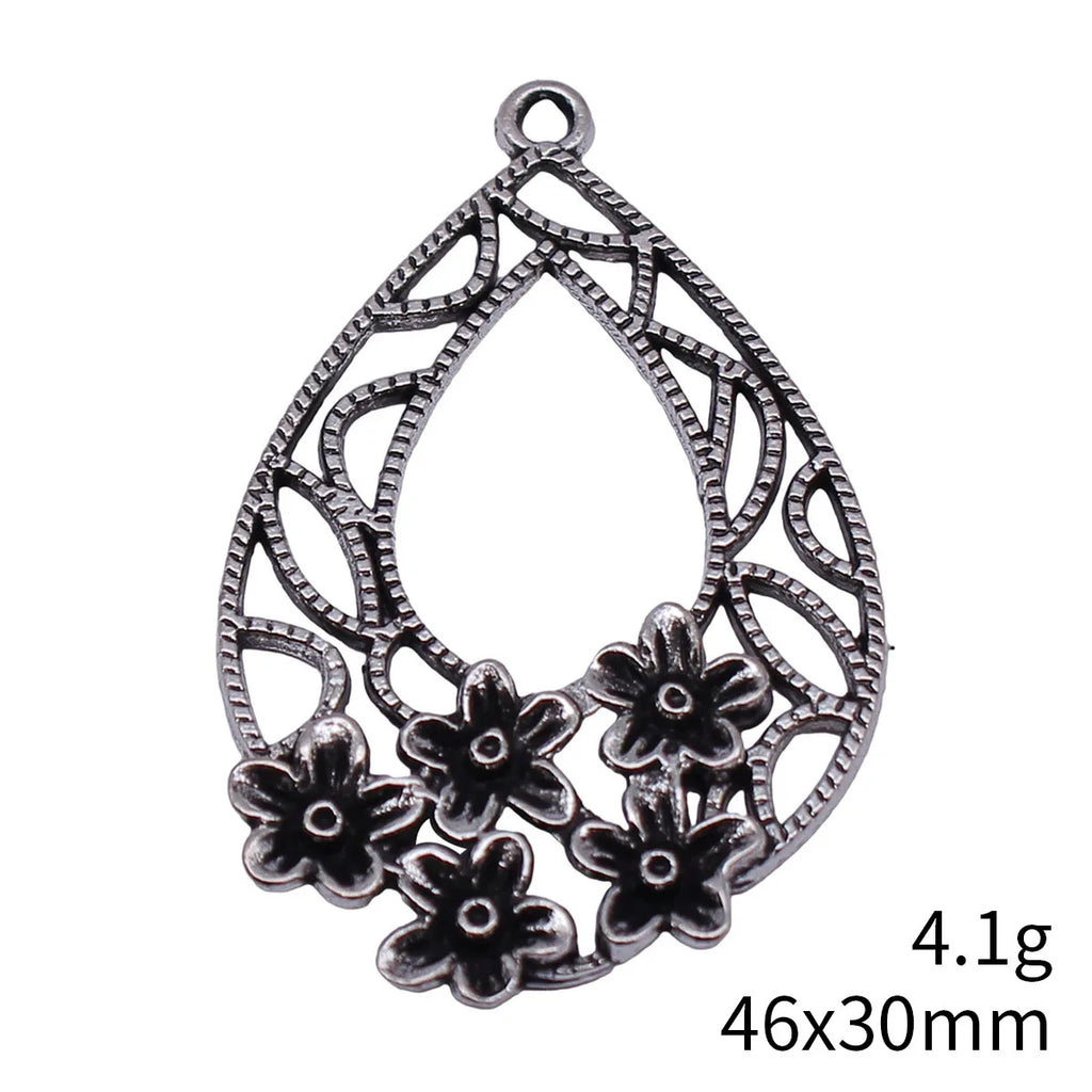 46x30mm 4.1g Antique Silver Zinc Alloy Hollow Flower Teardrop Earring Charms for DIY Jewelry Making