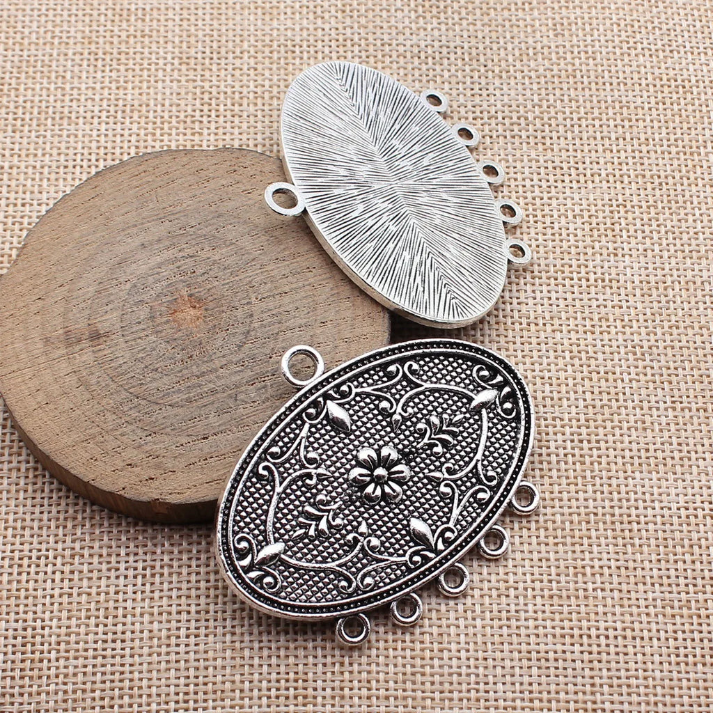 57x46mm 15g Antique Silver Zinc Alloy Oval Floral Texture Flower Connector Charm for DIY Necklace Bracelet