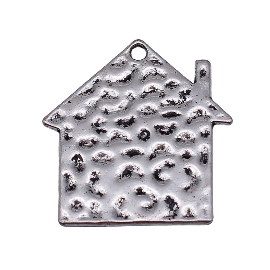 28x26mm 3.7g Antique Silver Zinc Alloy Hammered House Charm Pendant for DIY Necklace Bracelet Making