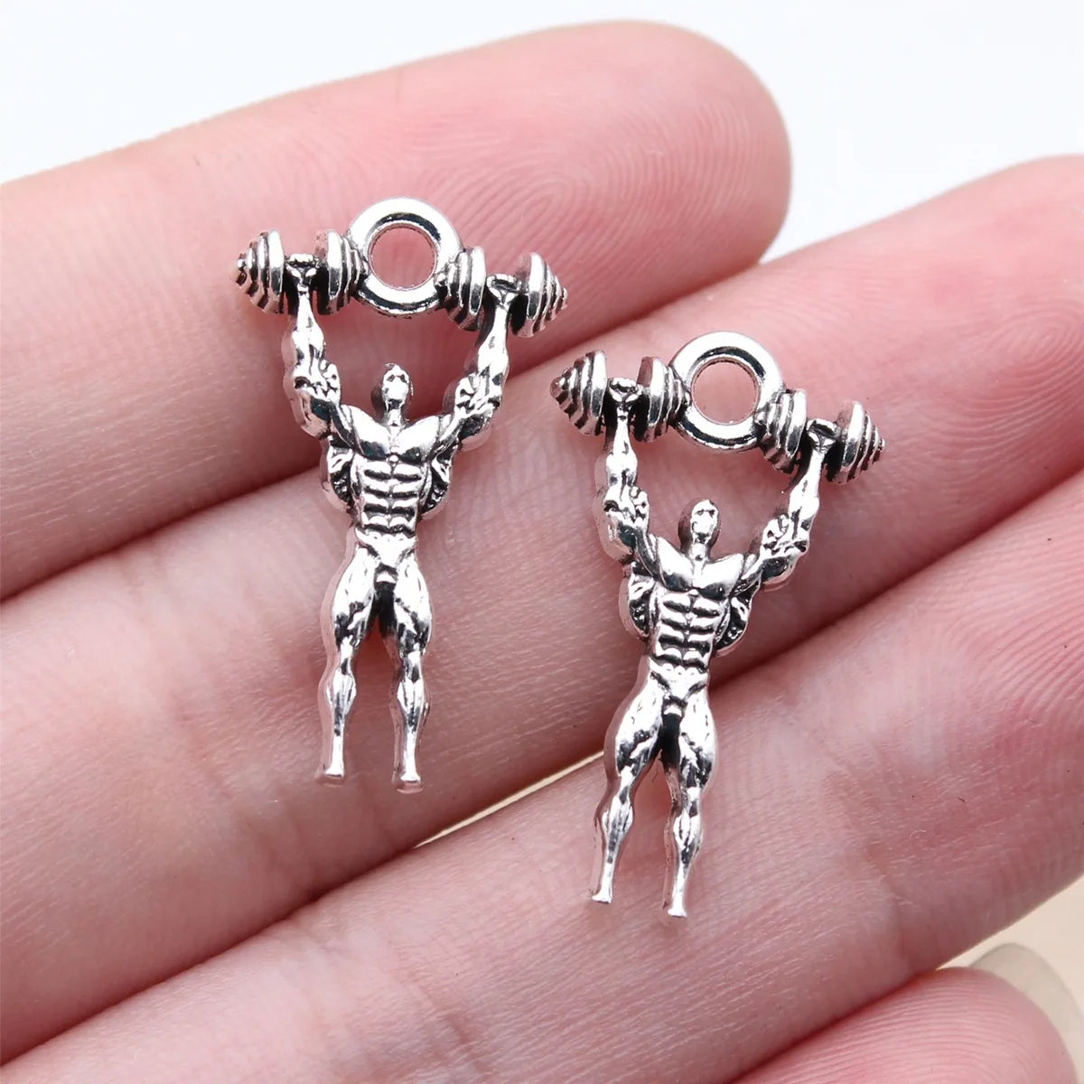 25x14mm 2.1g Antique Silver Zinc Alloy Fitness Muscular Man Dumbbell Double Sided Charm Pendant for DIY Jewelry