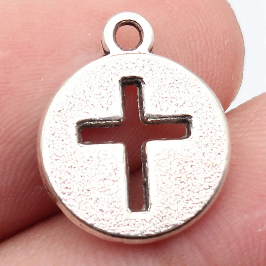 17x14mm 1.5g Antique Silver Zinc Alloy Cross Round Tag Hollow Double Sided Charm Pendant for DIY Religious Jewelry