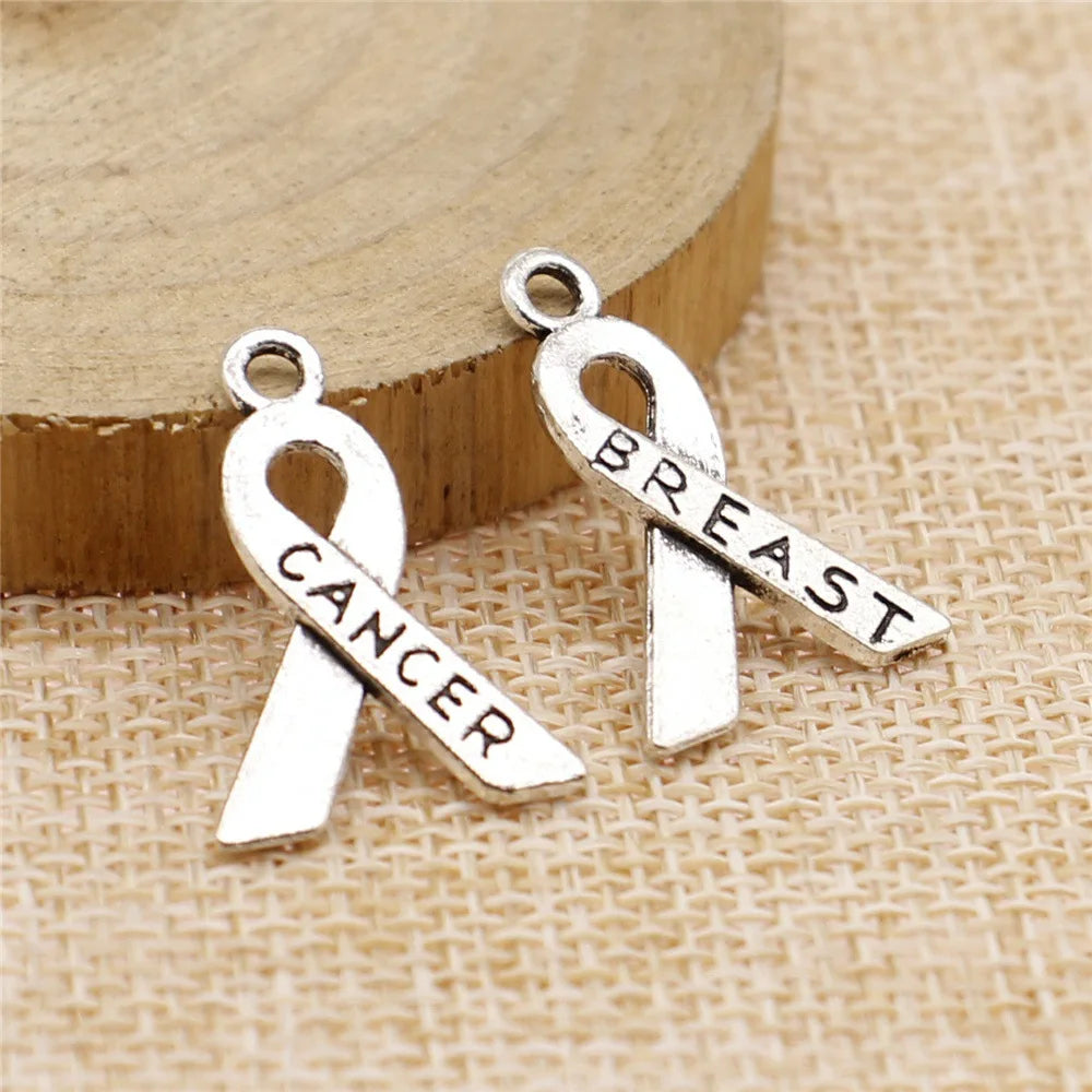 23x16mm 1.2g Antique Silver Zinc Alloy Breast Cancer Ribbon Charm Pendant for DIY Jewelry Making