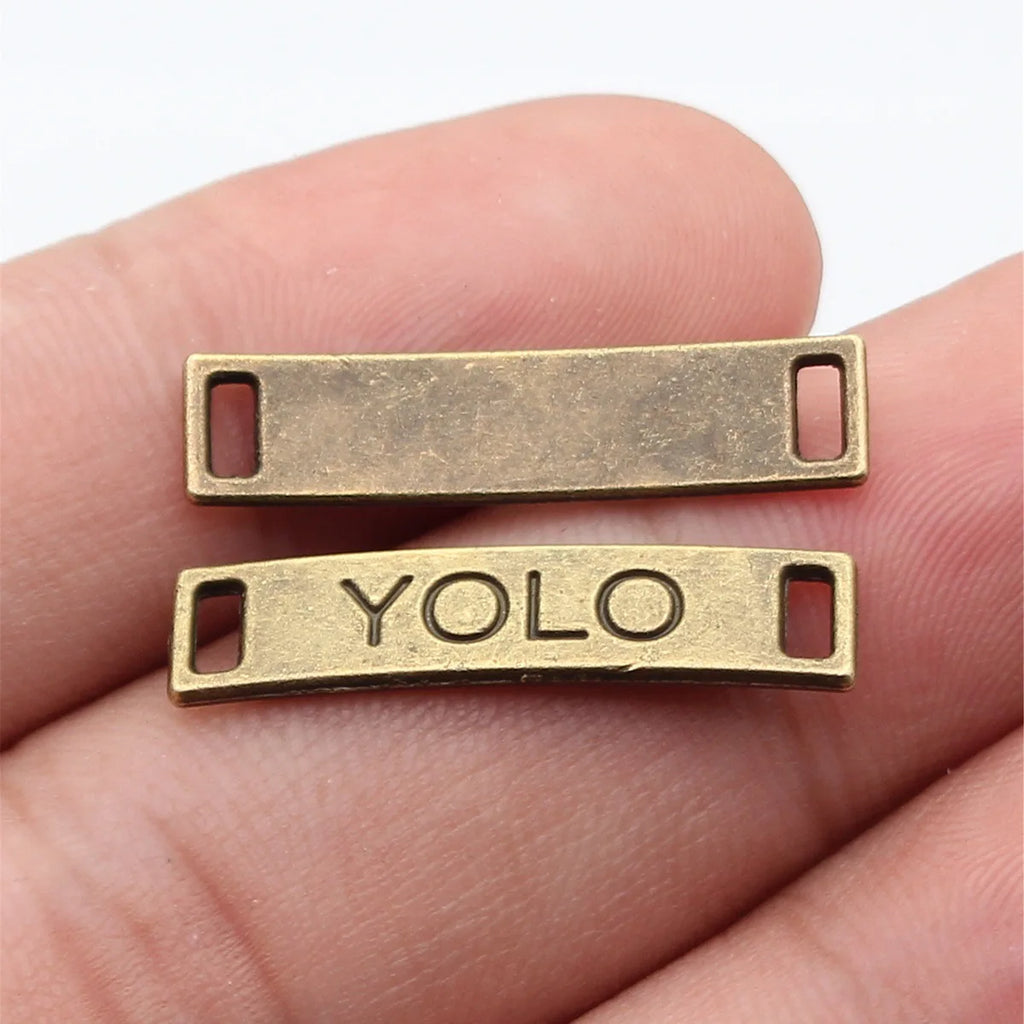 27x6.4mm 1.3g Antique Bronze Zinc Alloy YOLO Letter Tag Connector Charm for DIY Bracelet Jewelry Making