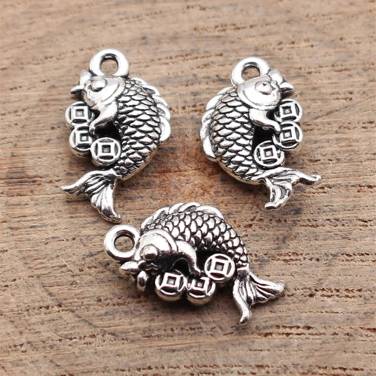 16x9.6mm 1.1g Antique Silver Zinc Alloy Chinese Coin Goldfish Charm Pendant for DIY Jewelry Making