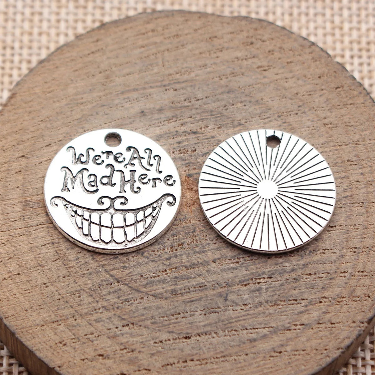 20x20mm 2.2g Antique Silver Zinc Alloy We're All Mad Here Smiley Round Tag Charm Pendant for DIY Jewelry