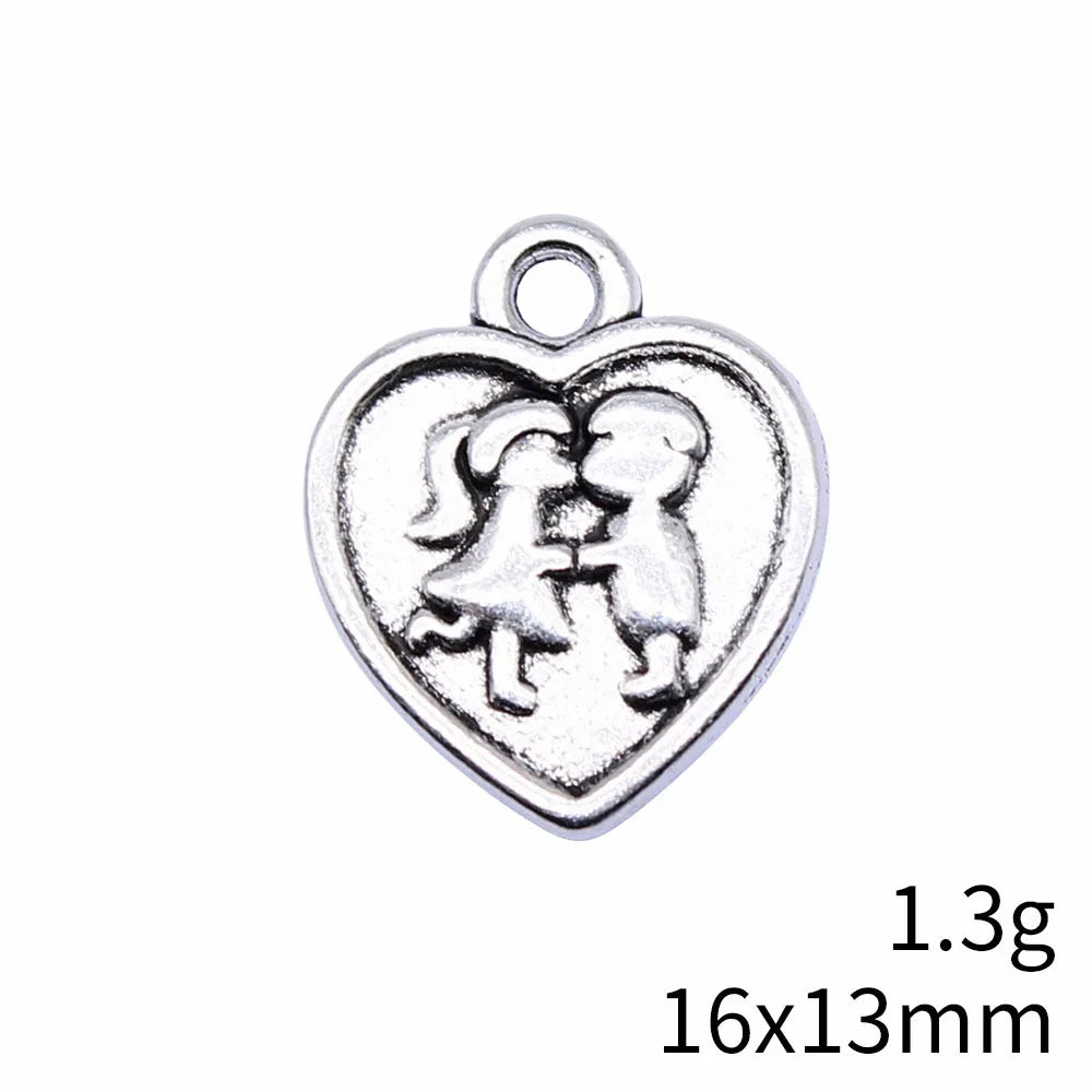 16x13mm 1.3g Antique Silver Zinc Alloy Couple Heart Charm Pendant for Necklace Bracelet Making